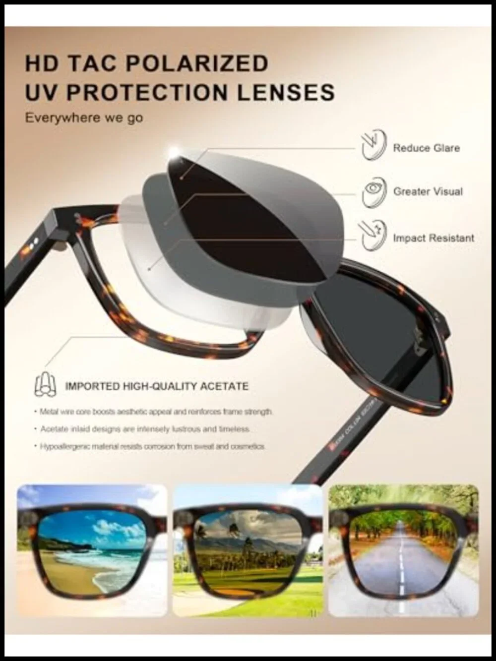 Small Square Acetate Sunglasses UV400 Polarized Anti-Glare for Women